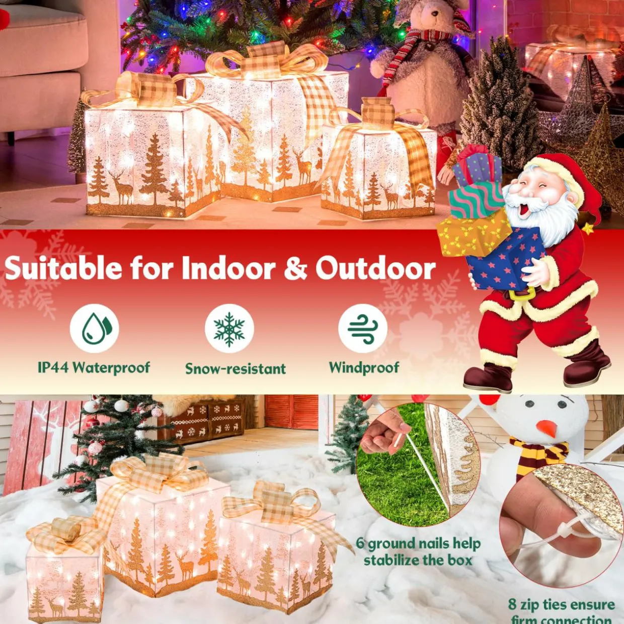 Tangkula Set of 3 Lighted Christmas Box, Pre-lit Present Boxes with 100 Warm White Lights
