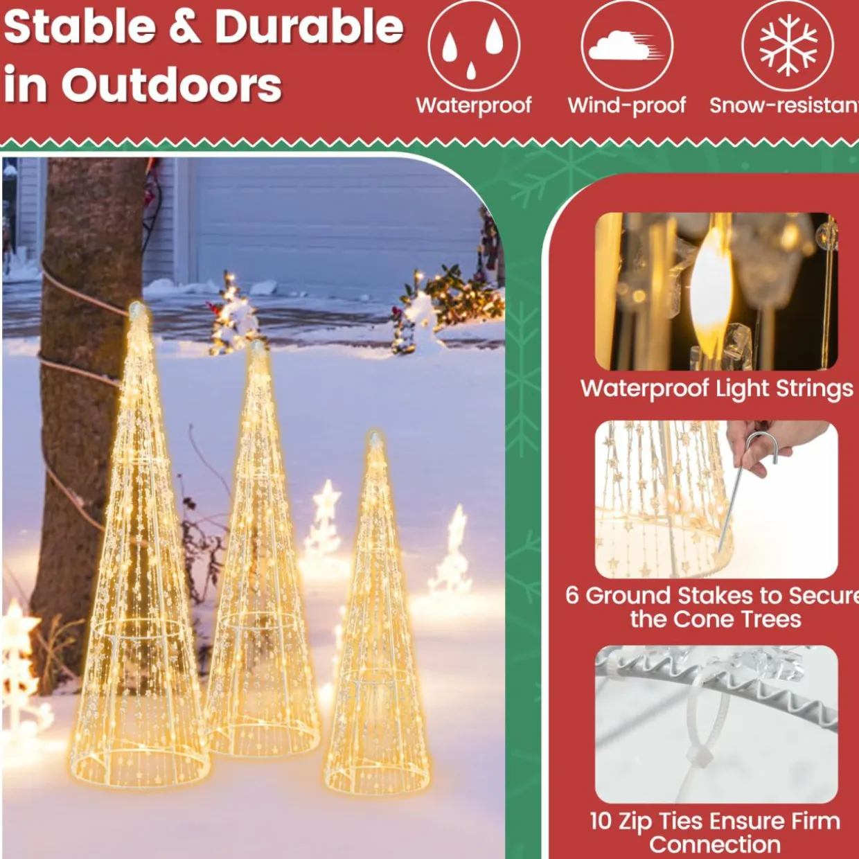 Tangkula Set of 3 Lighted Christmas Cone Trees