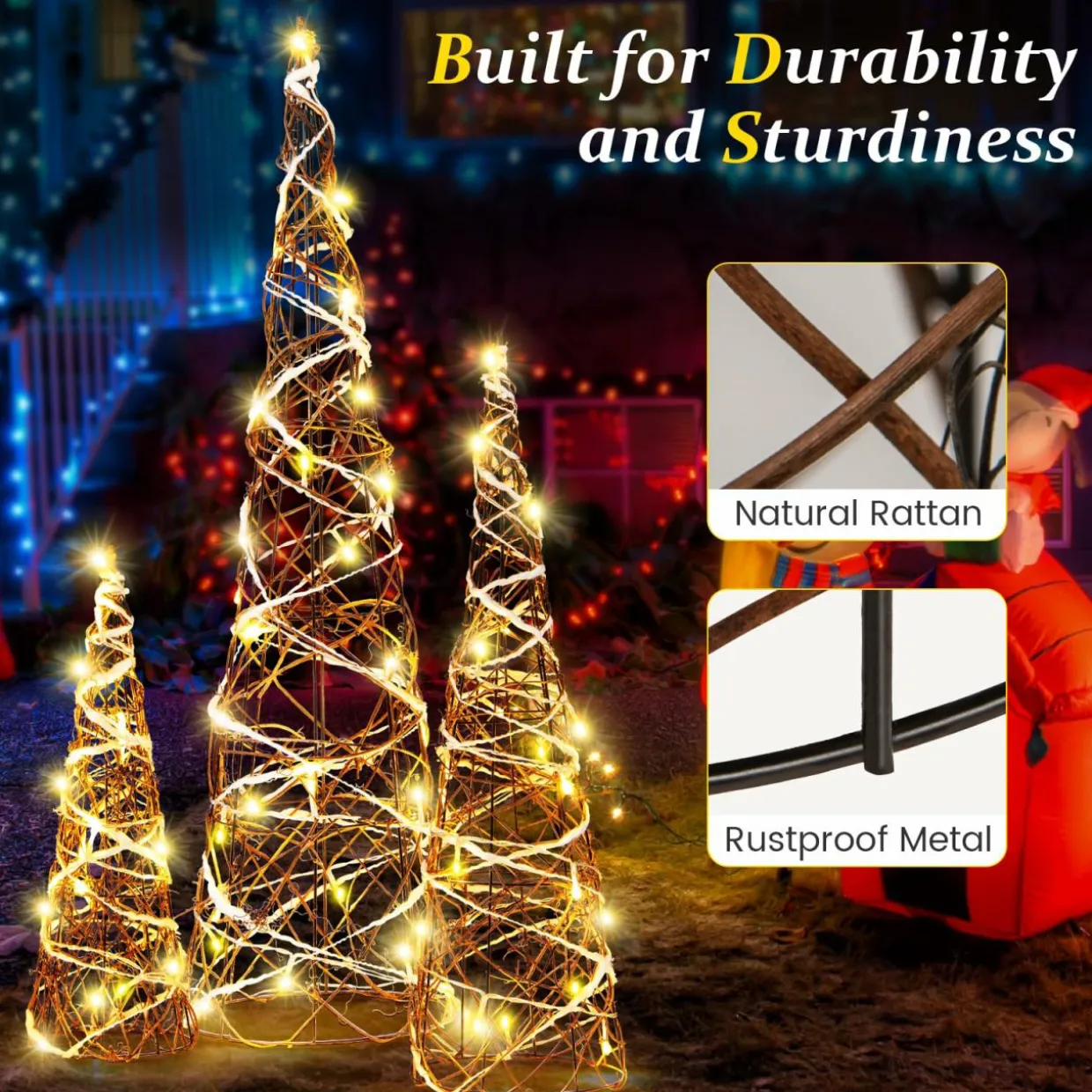 Tangkula Set of 3 Lighted Christmas Rattan Cone Trees, Holiday Decorative Trees with LED Lights and Metal Frame