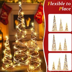 Tangkula Set of 3 Lighted Christmas Rattan Cone Trees, Holiday Decorative Trees with LED Lights and Metal Frame
