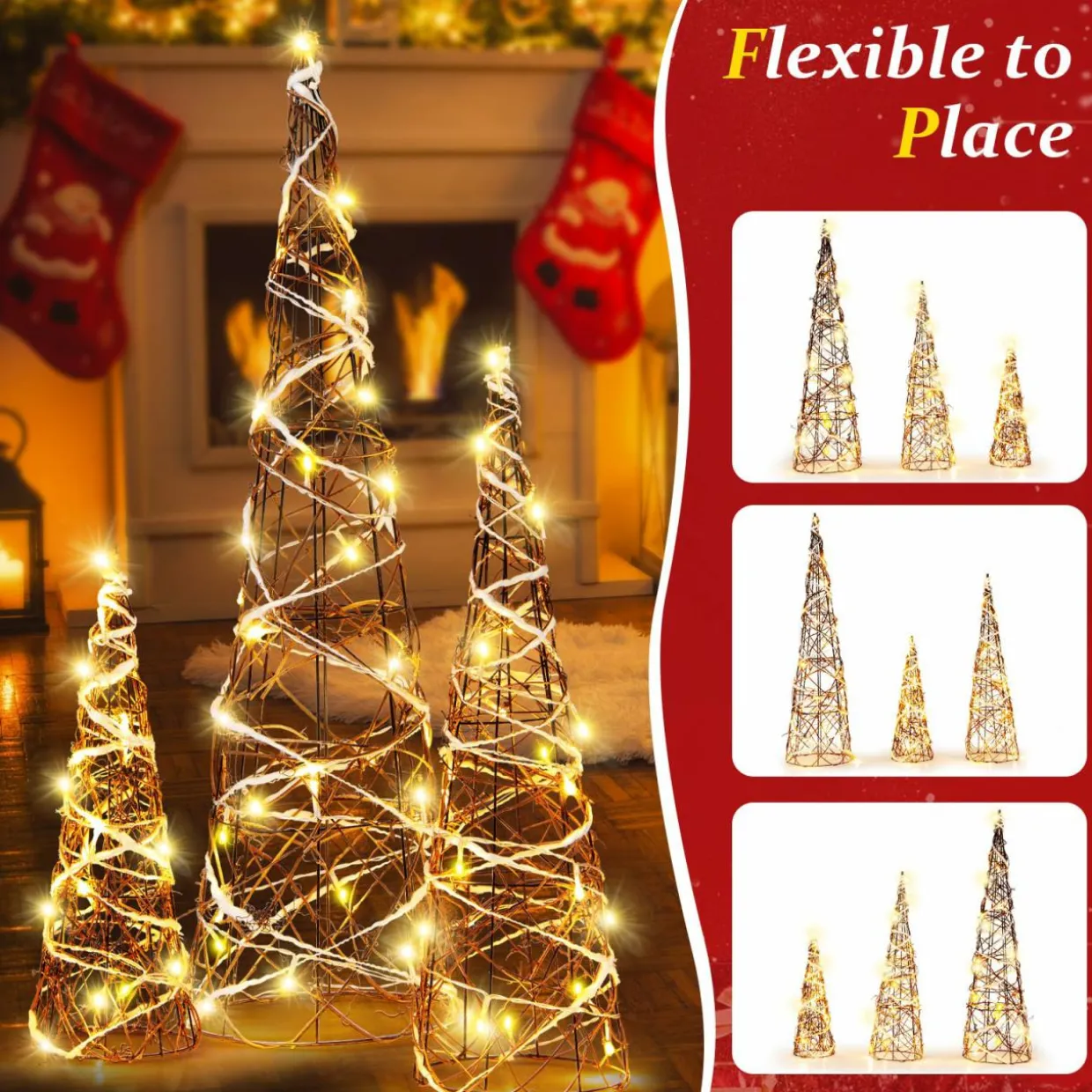 Tangkula Set of 3 Lighted Christmas Rattan Cone Trees, Holiday Decorative Trees with LED Lights and Metal Frame