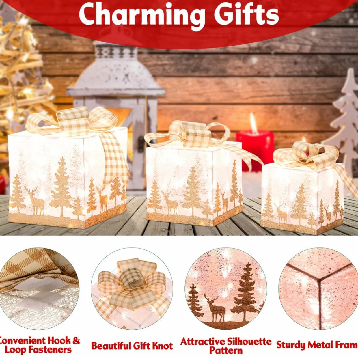 Tangkula Set of 3 Lighted Christmas Box, Pre-lit Present Boxes with 100 Warm White Lights