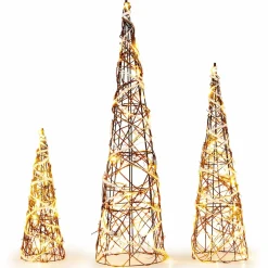 Tangkula Set of 3 Lighted Christmas Rattan Cone Trees, Holiday Decorative Trees with LED Lights and Metal Frame