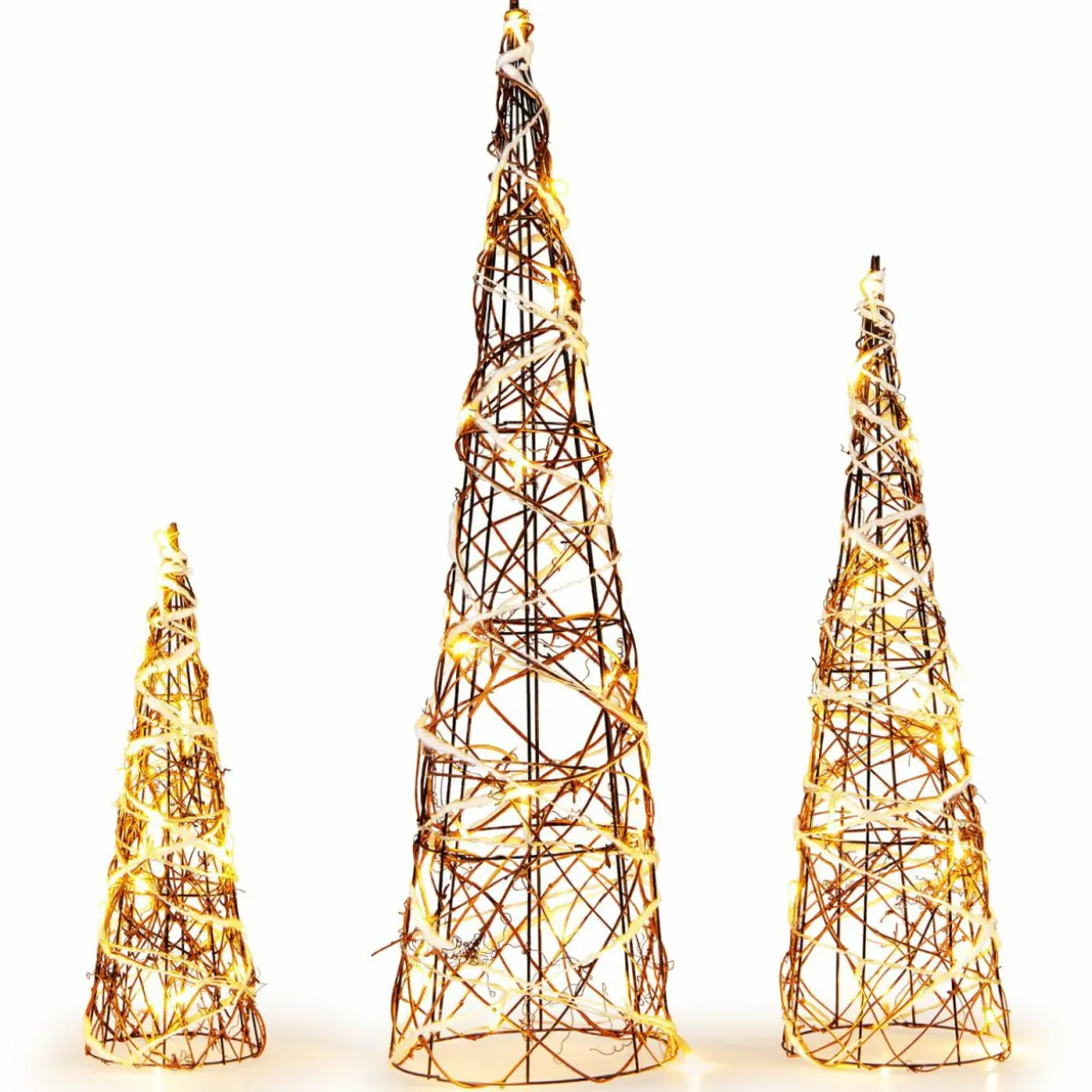 Tangkula Set of 3 Lighted Christmas Rattan Cone Trees, Holiday Decorative Trees with LED Lights and Metal Frame