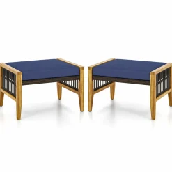 Tangkula Set of 2 Outdoor Ottomans, Patio Acacia Wood Ottomans with Cushions (Navy)