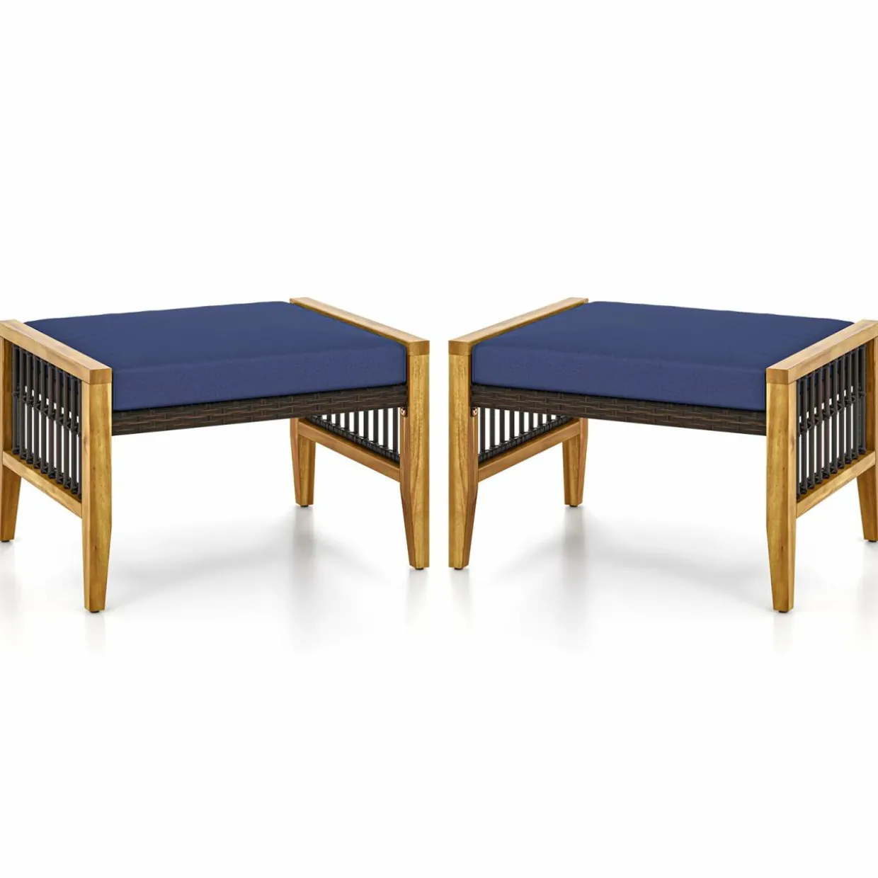 Tangkula Set of 2 Outdoor Ottomans, Patio Acacia Wood Ottomans with Cushions (Navy)