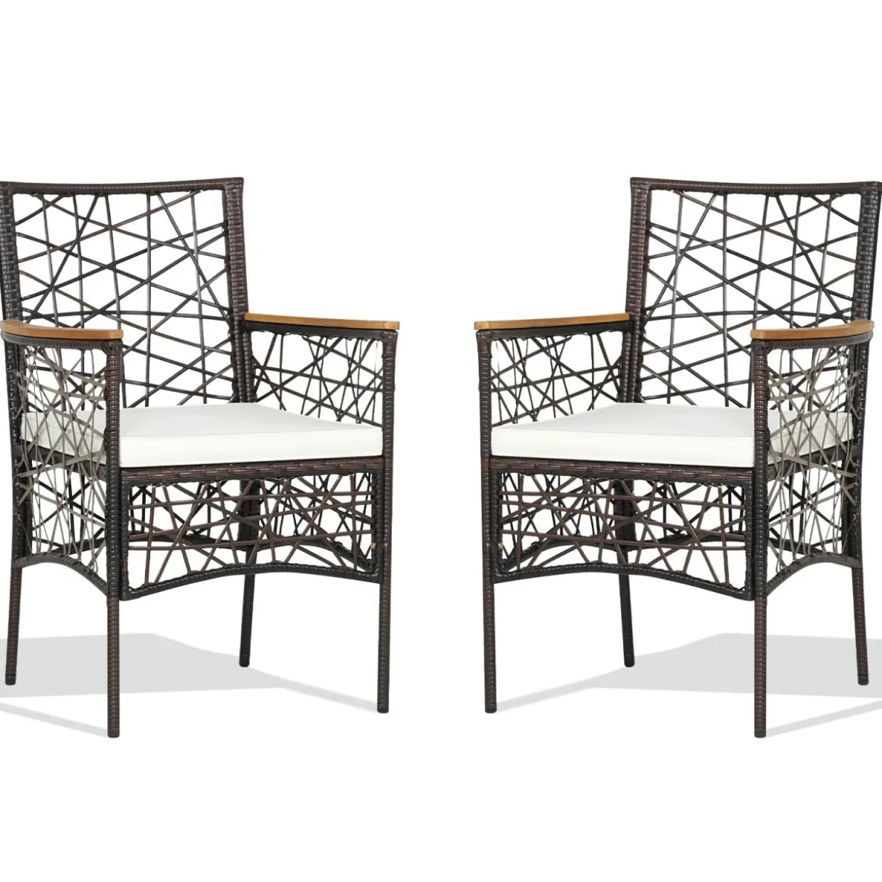 Tangkula Set of 2 Outdoor Dining Chairs, Patio Bistro Chairs with Acacia Wood Armrests and Soft Cushions