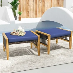 Tangkula Set of 2 Outdoor Ottomans, Patio Acacia Wood Ottomans with Cushions (Navy)