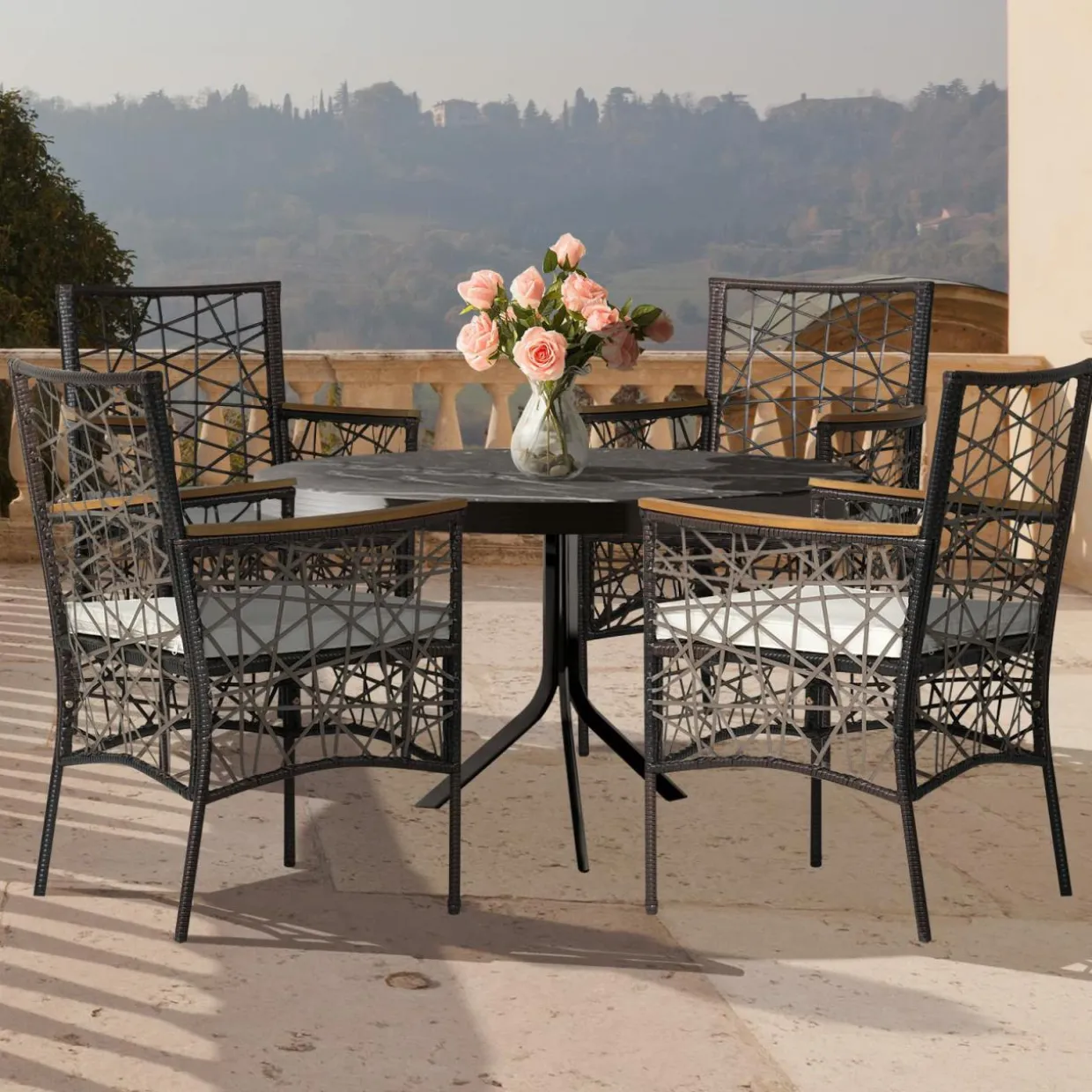 Tangkula Set of 2 Outdoor Dining Chairs, Patio Bistro Chairs with Acacia Wood Armrests and Soft Cushions