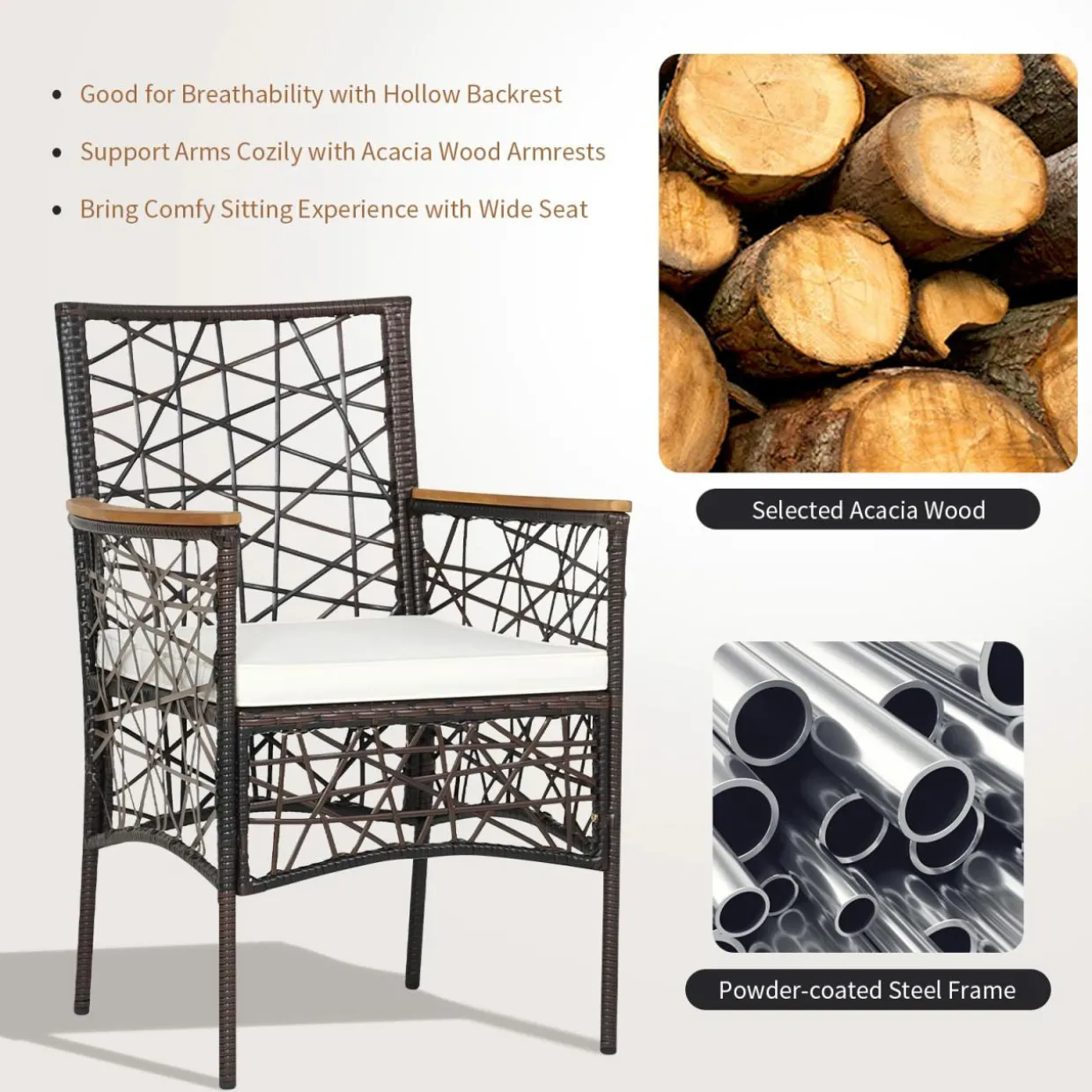 Tangkula Set of 2 Outdoor Dining Chairs, Patio Bistro Chairs with Acacia Wood Armrests and Soft Cushions