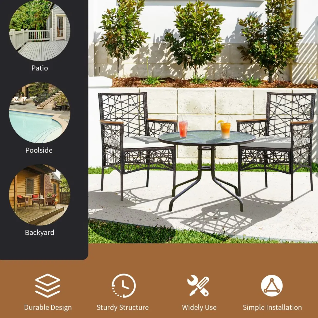 Tangkula Set of 2 Outdoor Dining Chairs, Patio Bistro Chairs with Acacia Wood Armrests and Soft Cushions