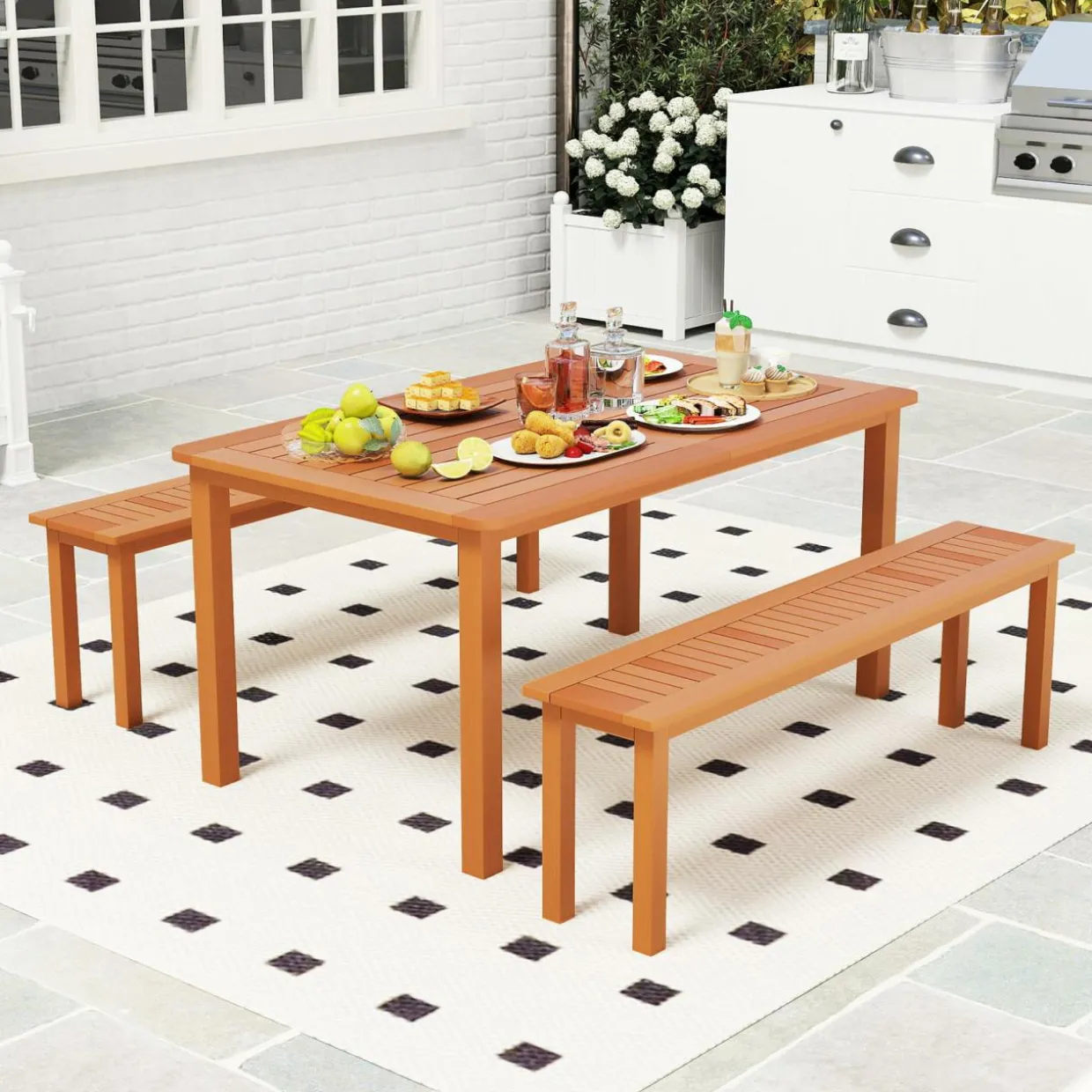Tangkula Set of 3 Patio Dining Set for 4, Solid Wood Dining Table with 2 Benches
