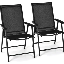 Tangkula Set of 2 Patio Folding Chairs, Fabric Dining Chairs with High Back & Armrests