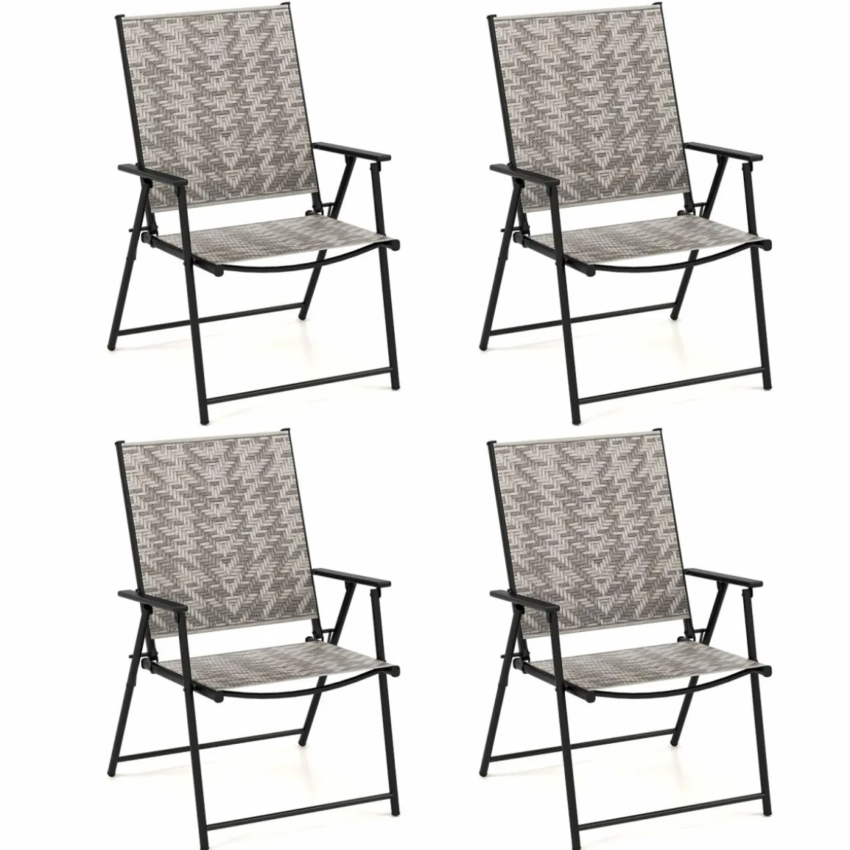 Tangkula Set of 4 Patio Folding Chairs, Outdoor Wicker Dining Chairs with Armrests (4, Mix Gray)