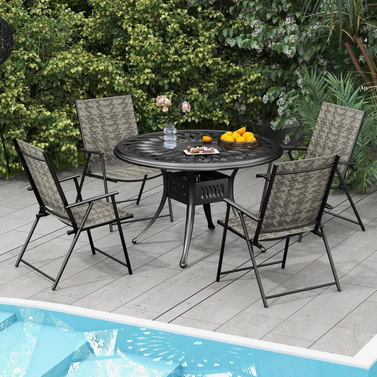 Tangkula Set of 4 Patio Folding Chairs, Outdoor Wicker Dining Chairs with Armrests (4, Mix Gray)