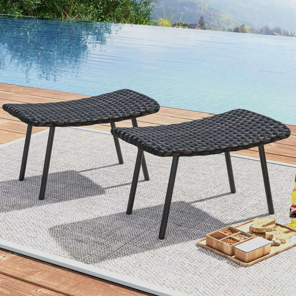 Tangkula Set of 2 Patio Ottomans, Multipurpose Rattan Ottomans w/Padded Quick Dry Foam & Heavy-Duty Metal Legs