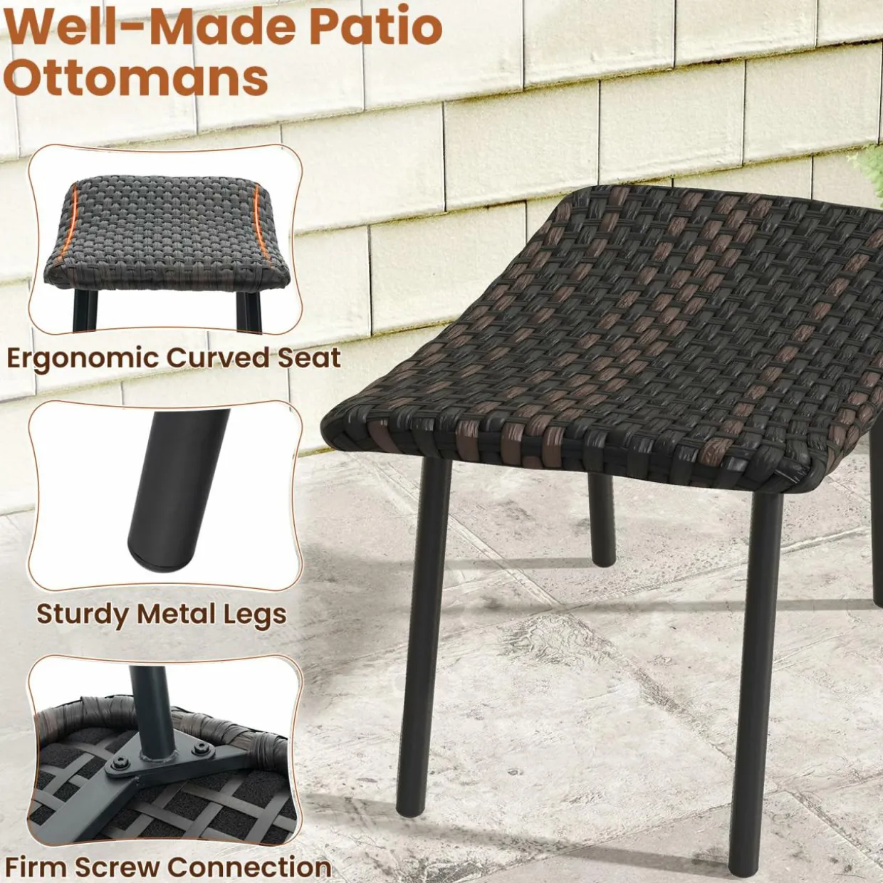 Tangkula Set of 2 Patio Ottomans, Multipurpose Rattan Ottomans w/Padded Quick Dry Foam & Heavy-Duty Metal Legs