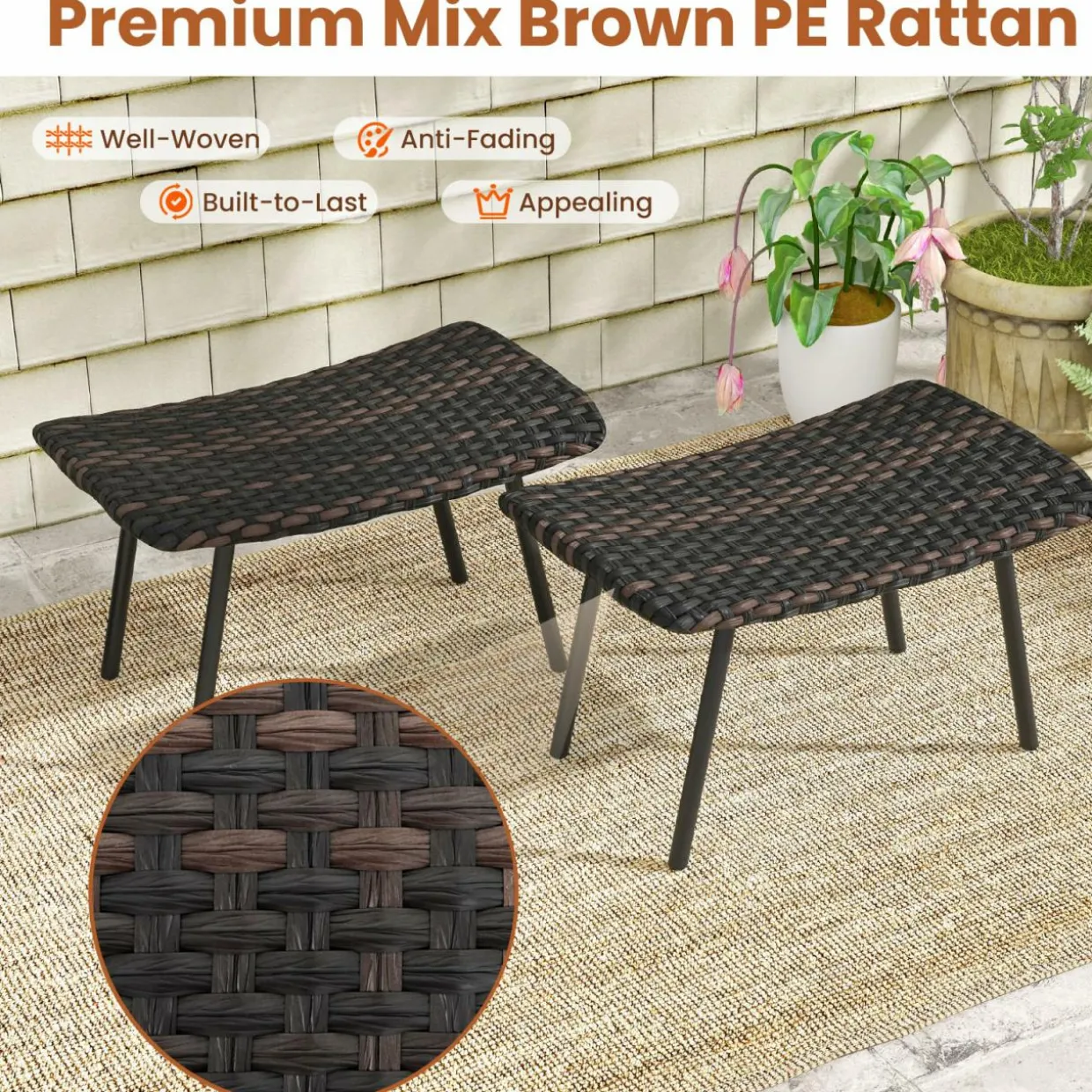 Tangkula Set of 2 Patio Ottomans, Multipurpose Rattan Ottomans w/Padded Quick Dry Foam & Heavy-Duty Metal Legs