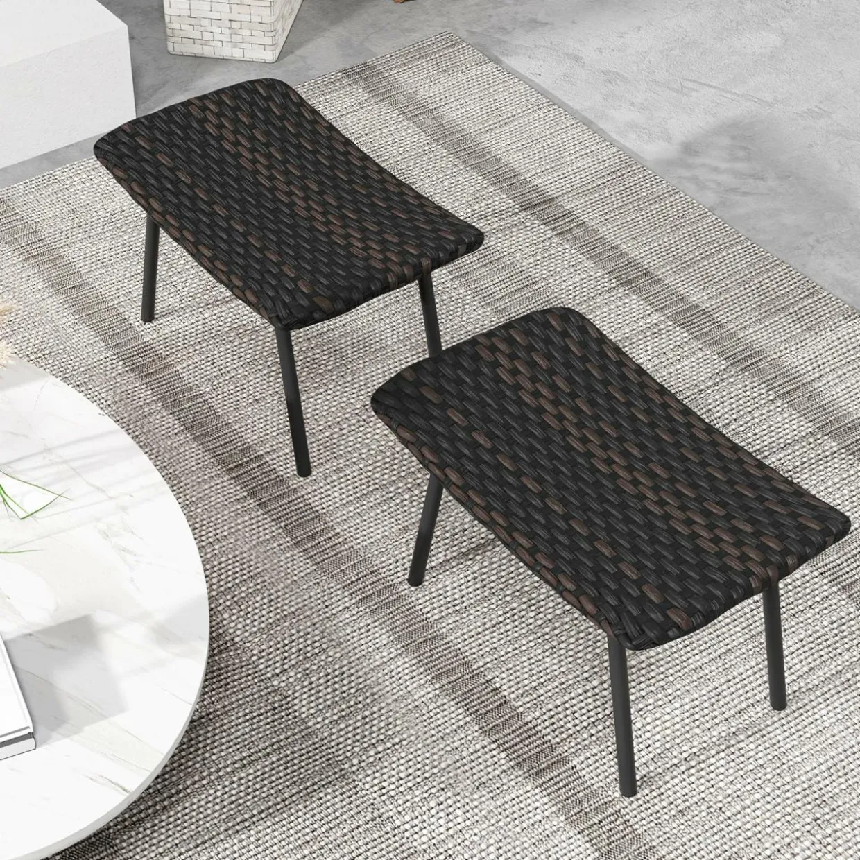 Tangkula Set of 2 Patio Ottomans, Multipurpose Rattan Ottomans w/Padded Quick Dry Foam & Heavy-Duty Metal Legs