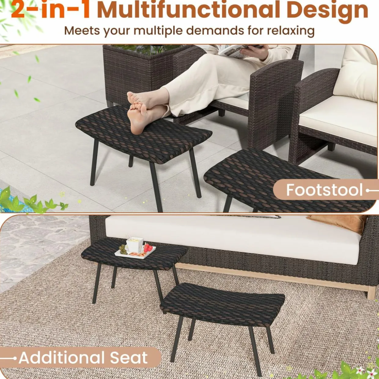 Tangkula Set of 2 Patio Ottomans, Multipurpose Rattan Ottomans w/Padded Quick Dry Foam & Heavy-Duty Metal Legs