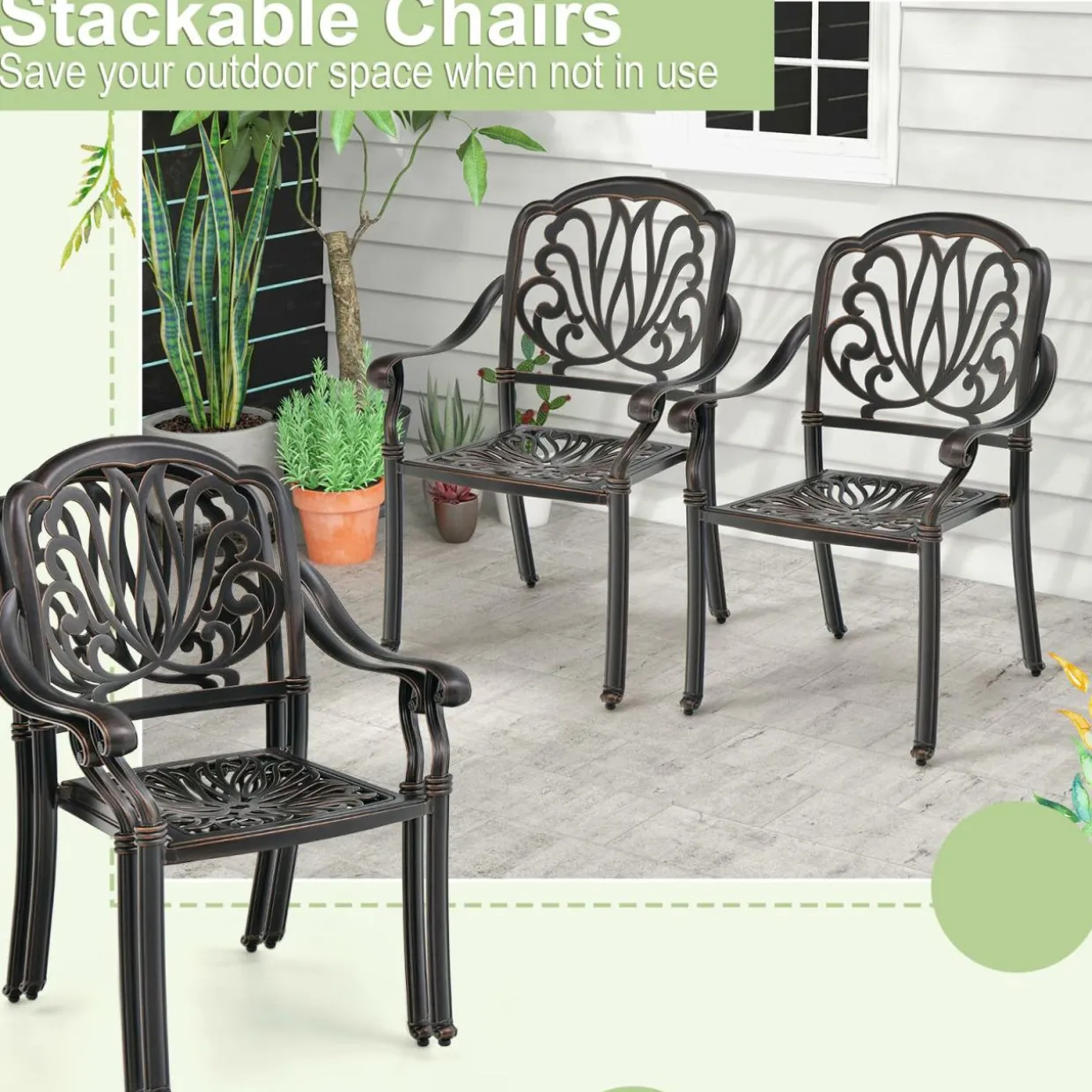 Tangkula Set of 2, Set of 4 Cast Aluminum Patio Dining Chairs, Stackable Outdoor Dining Chairs with Armrests