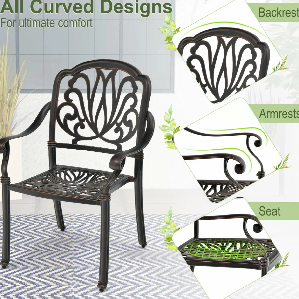 Tangkula Set of 2, Set of 4 Cast Aluminum Patio Dining Chairs, Stackable Outdoor Dining Chairs with Armrests
