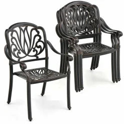 Tangkula Set of 2, Set of 4 Cast Aluminum Patio Dining Chairs, Stackable Outdoor Dining Chairs with Armrests