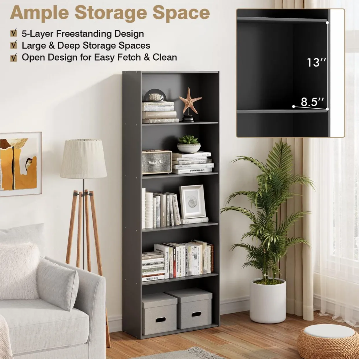 Tangkula 5-Shelf Bookcase, 23.5''L x 9.5''W x 67''H
