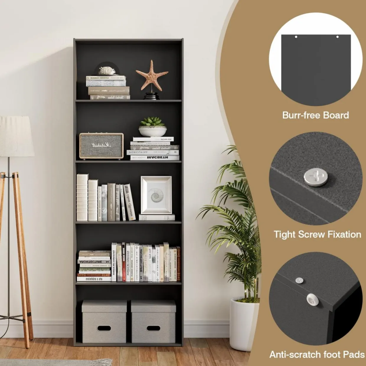 Tangkula 5-Shelf Bookcase, 23.5''L x 9.5''W x 67''H