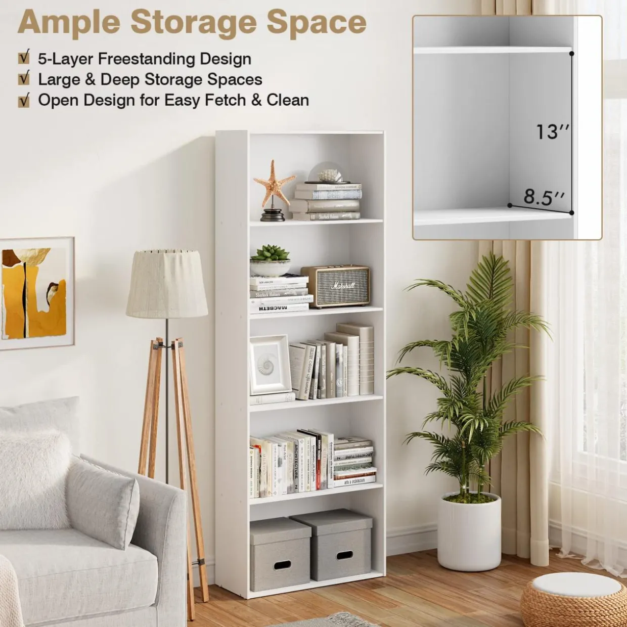 Tangkula 5-Shelf Bookcase, 23.5''L x 9.5''W x 67''H
