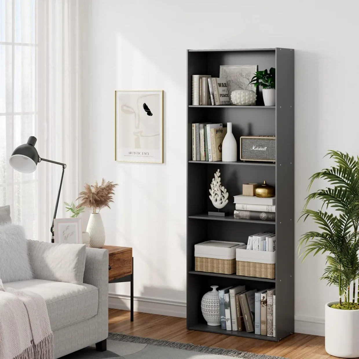 Tangkula 5-Shelf Bookcase, 23.5''L x 9.5''W x 67''H