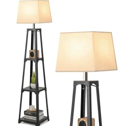 Tangkula Shelf Floor Lamp, 3 Tier Display Floor Lamp with Storage Shelves and Linen Lampshade