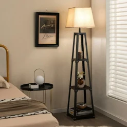 Tangkula Shelf Floor Lamp, Modern Wood Square Standing Lamp with 3 Tiers Shelves and Linen Shade
