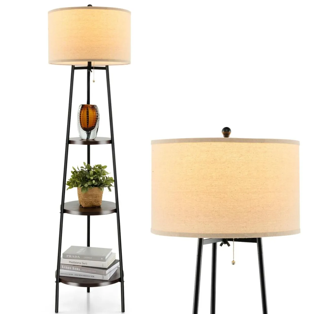 Tangkula Shelf Floor Lamp, 3 Tier Display Floor Lamp with Storage Shelves and Linen Lampshade