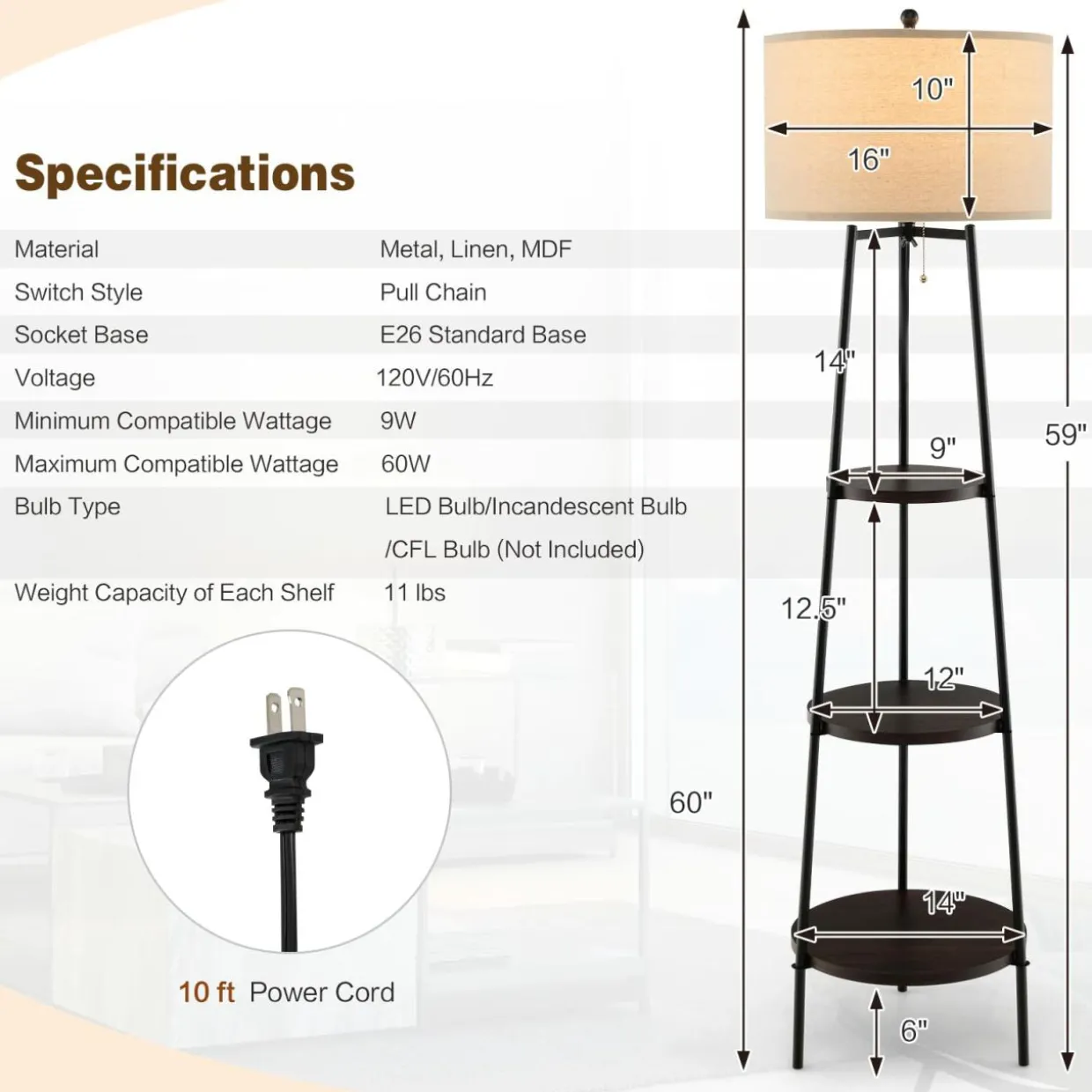 Tangkula Shelf Floor Lamp, 3 Tier Display Floor Lamp with Storage Shelves and Linen Lampshade