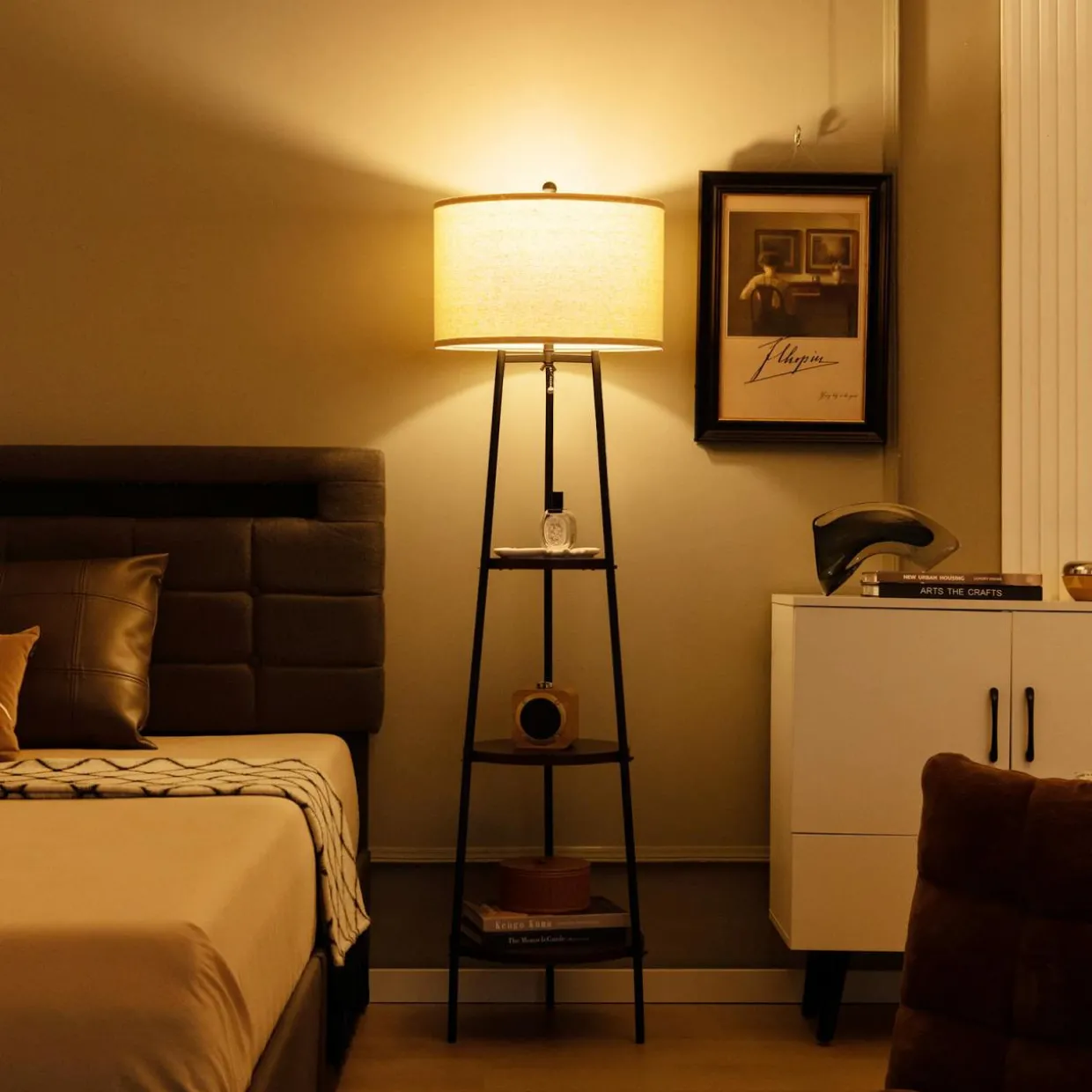 Tangkula Shelf Floor Lamp, 3 Tier Display Floor Lamp with Storage Shelves and Linen Lampshade