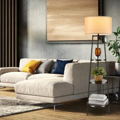 Tangkula Shelf Floor Lamp, 3 Tier Display Floor Lamp with Storage Shelves and Linen Lampshade