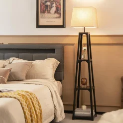 Tangkula Shelf Floor Lamp, 3 Tier Display Floor Lamp with Storage Shelves and Linen Lampshade