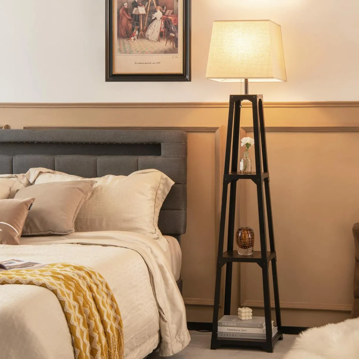 Tangkula Shelf Floor Lamp, 3 Tier Display Floor Lamp with Storage Shelves and Linen Lampshade