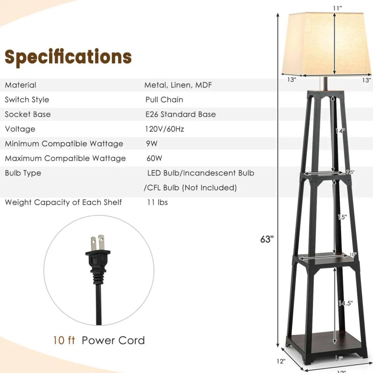 Tangkula Shelf Floor Lamp, 3 Tier Display Floor Lamp with Storage Shelves and Linen Lampshade