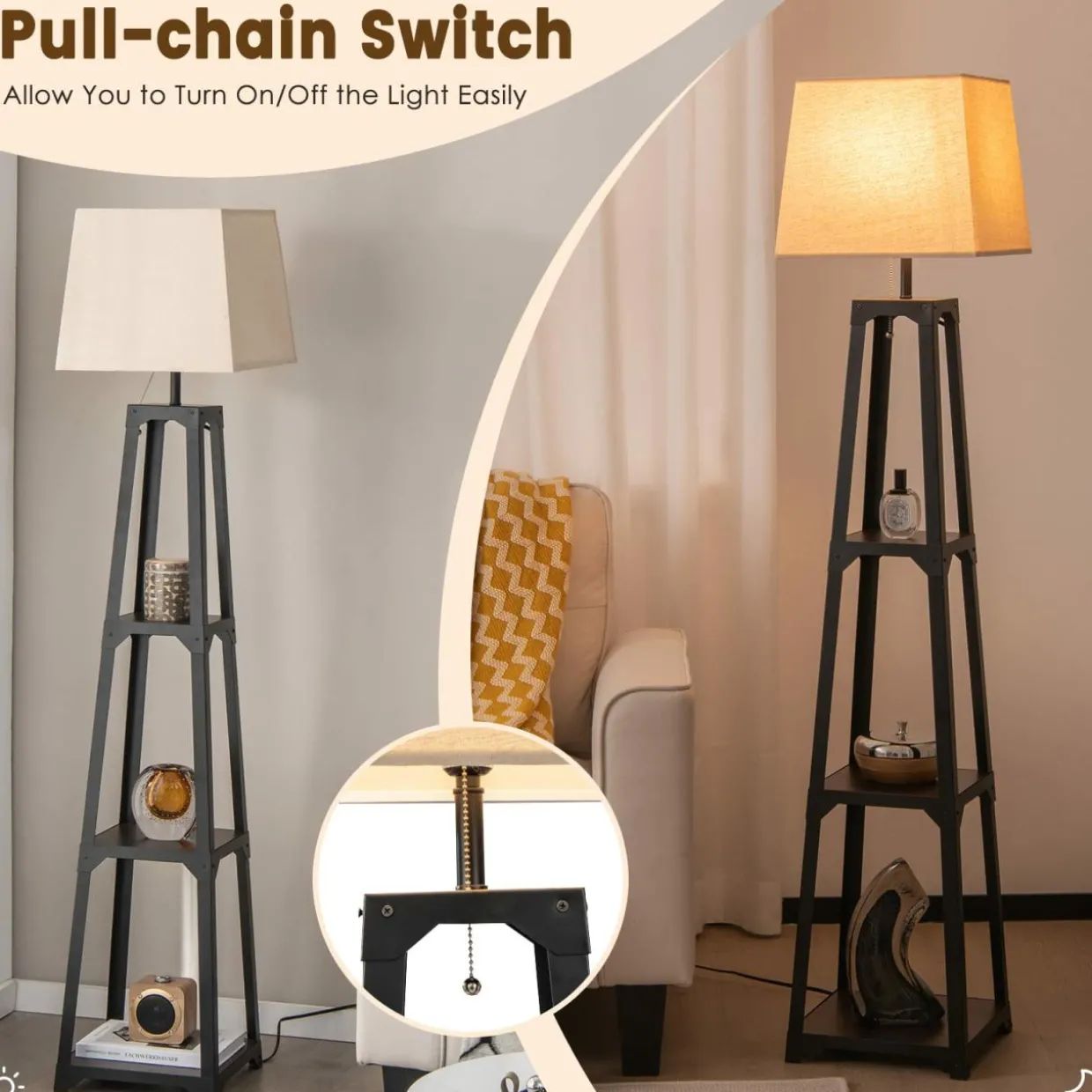Tangkula Shelf Floor Lamp, 3 Tier Display Floor Lamp with Storage Shelves and Linen Lampshade