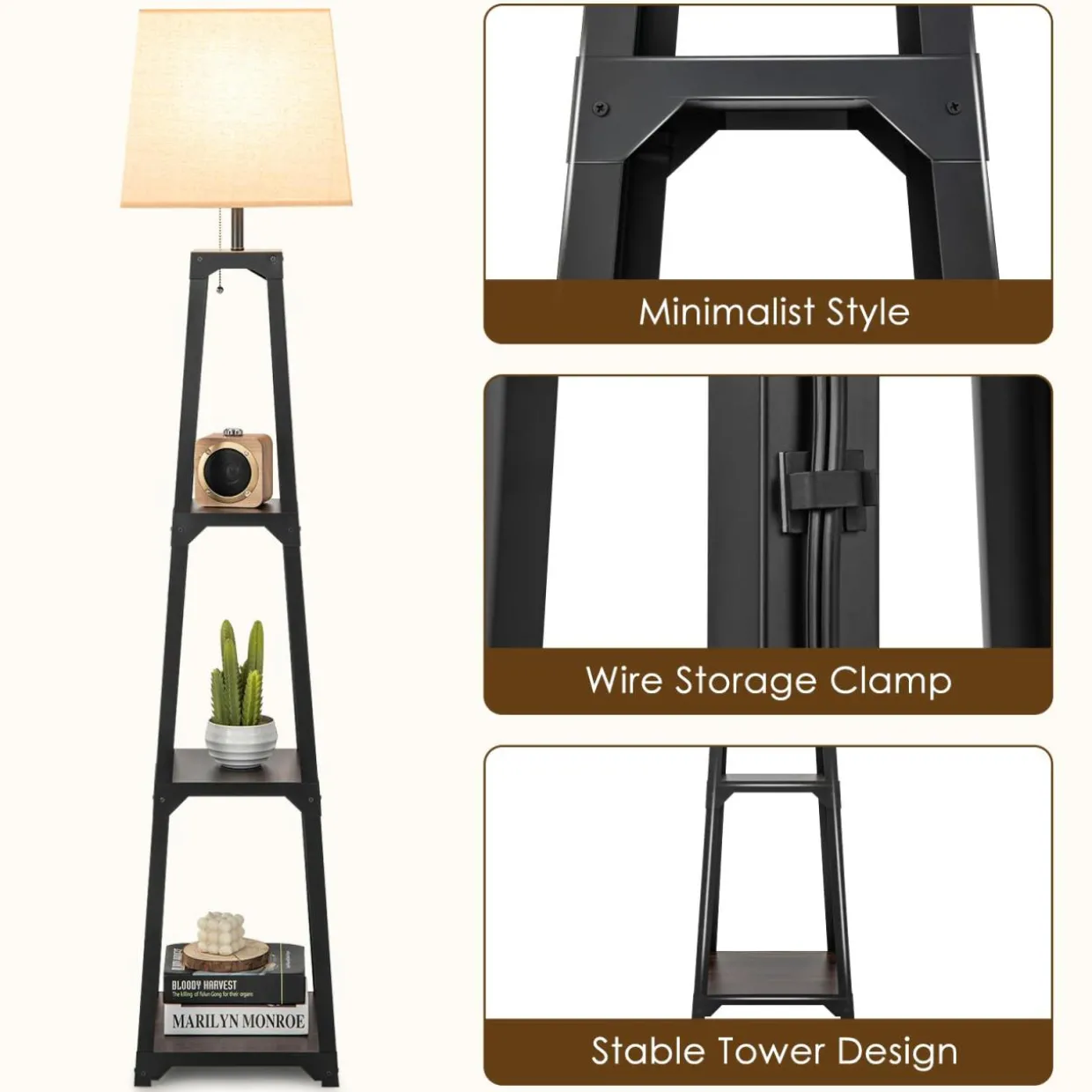 Tangkula Shelf Floor Lamp, 3 Tier Display Floor Lamp with Storage Shelves and Linen Lampshade