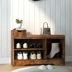 Tangkula Shoe Bench with Cushion & 3 Compartments
