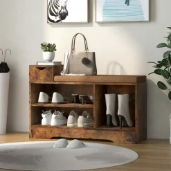 Tangkula Shoe Bench with Cushion & 3 Compartments