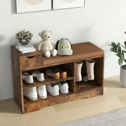 Tangkula Shoe Bench with Cushion & 3 Compartments