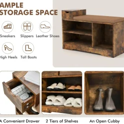 Tangkula Shoe Bench with Cushion & 3 Compartments