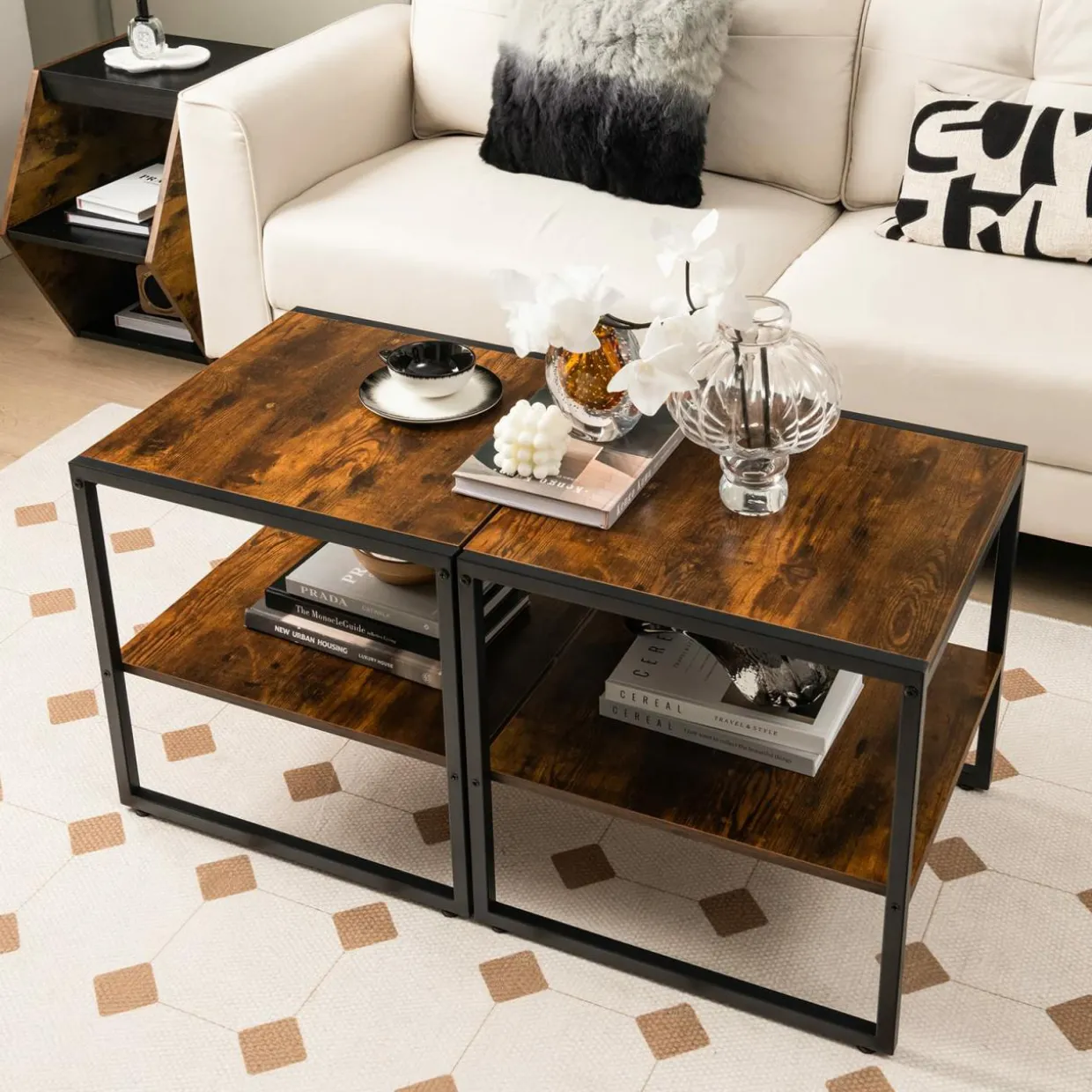 Tangkula Side Table Set of 2, 2 Tier Coffee Table with Mental Frame Wood Top