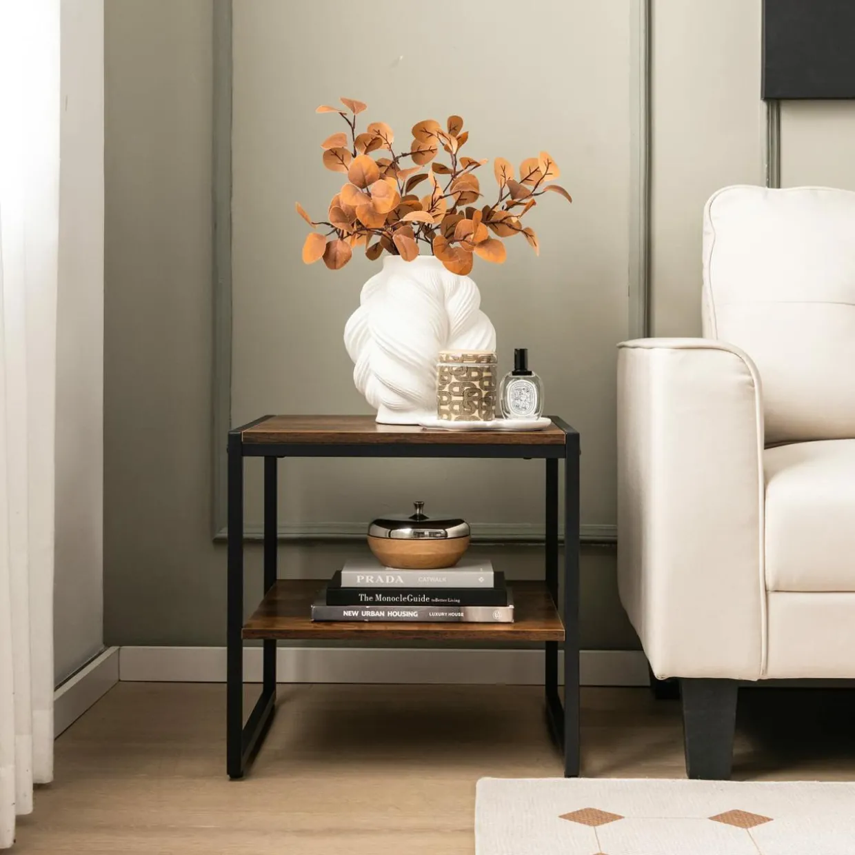 Tangkula Side Table Set of 2, 2 Tier Coffee Table with Mental Frame Wood Top
