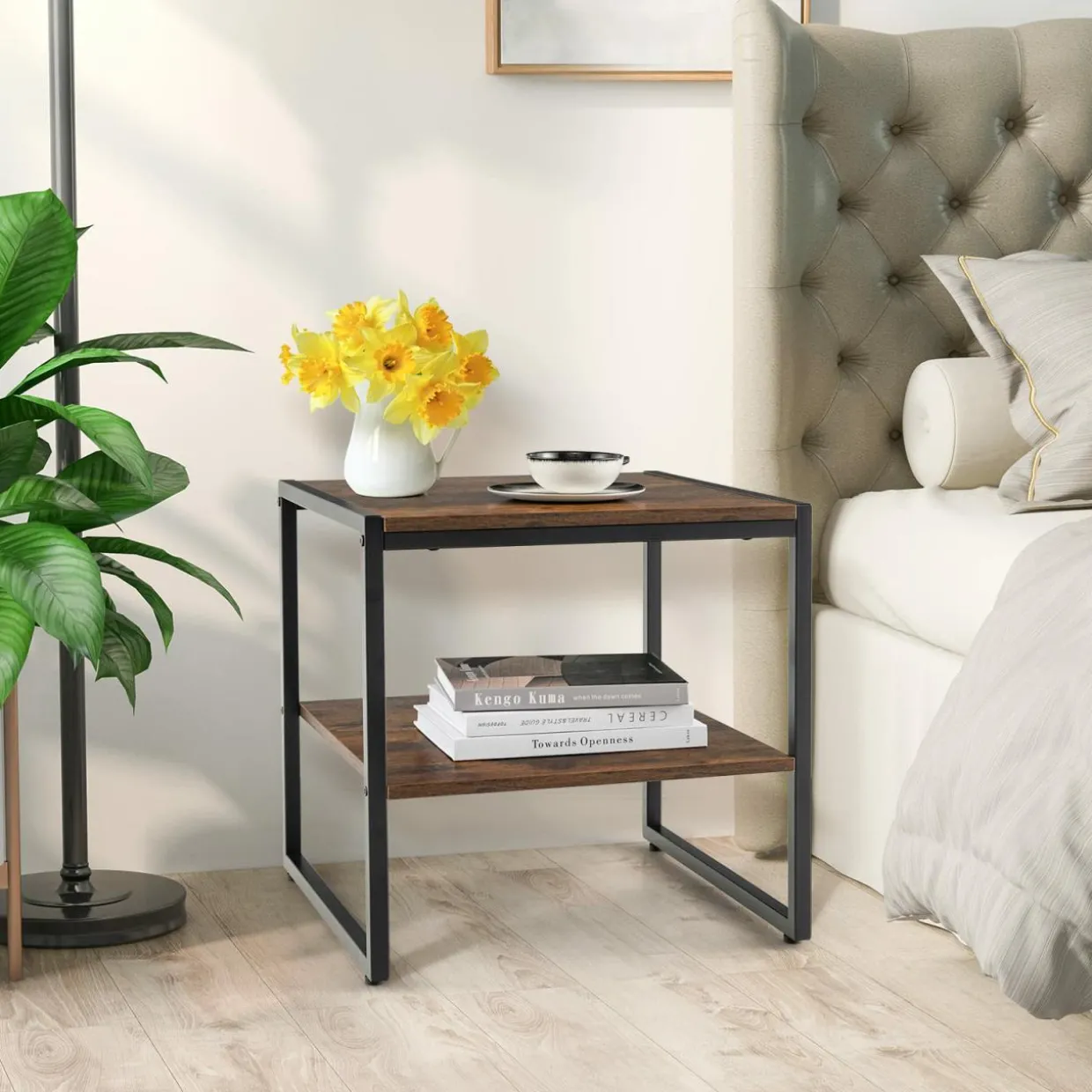 Tangkula Side Table Set of 2, 2 Tier Coffee Table with Mental Frame Wood Top