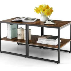 Tangkula Side Table Set of 2, 2 Tier Coffee Table with Mental Frame Wood Top